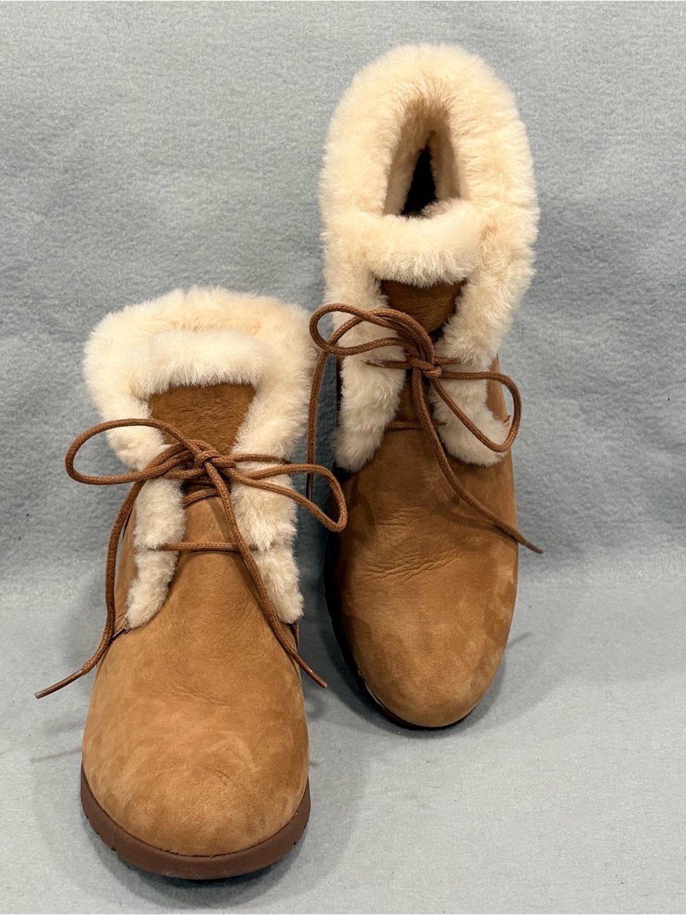 UGG Jeovana Chestnut Suede Wedge Booties White Shearling Trim Waterproof Sz 8.5